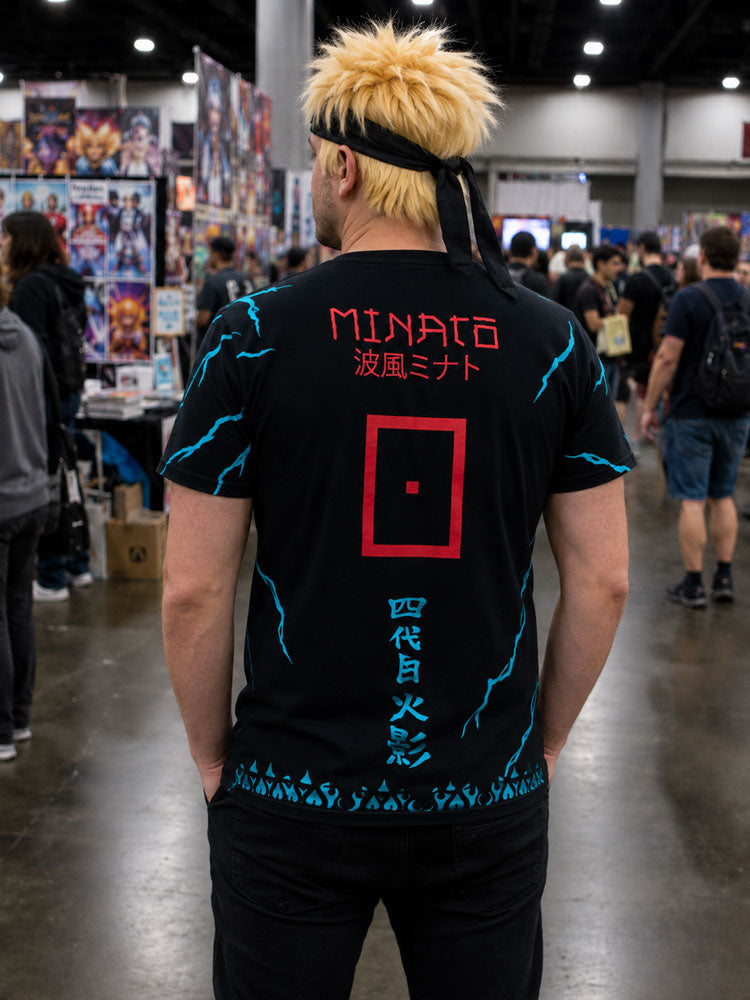 Maillot de Naruto Shippuden noir avec des éclairs bleus et le flocage Minato au dos