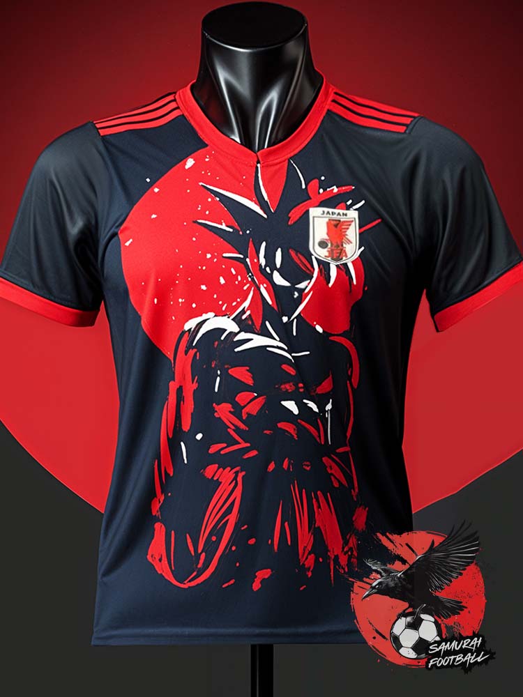 Maillot noir Japon Dragon Ball avec Goku en design central, style graphique rouge et blanc sur fond noir.