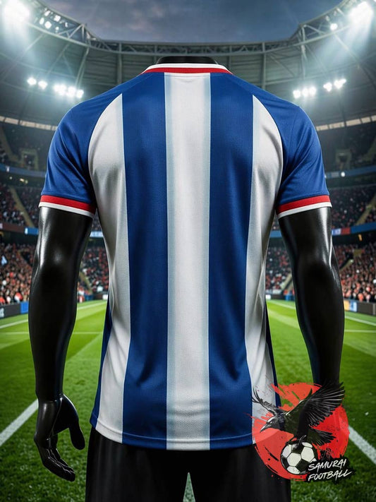 Dos du maillot du Japon Hokori - bandes verticales bleu et blanc avec bandes rouges aux manches, fond stade