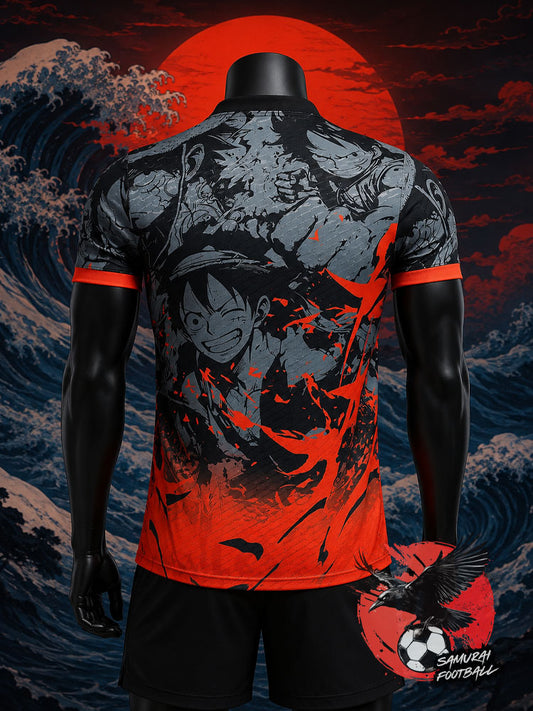Maillot de foot Japon Luffy noir et rouge, vue de dos – design One Piece vague de Kanagawa