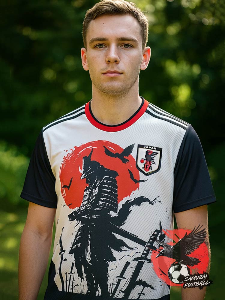 Homme portant un maillot du Japon avec un samouraï blanc et noir