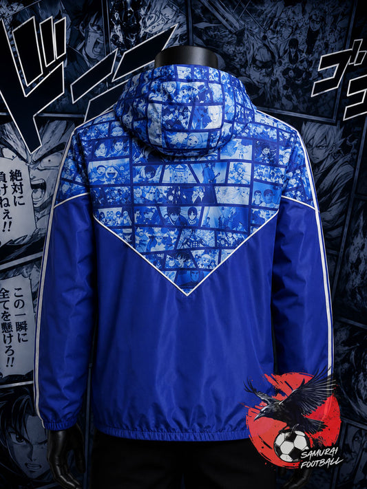 Coupe-vent Japon bleu à capuche, motif mosaïque manga – veste anime