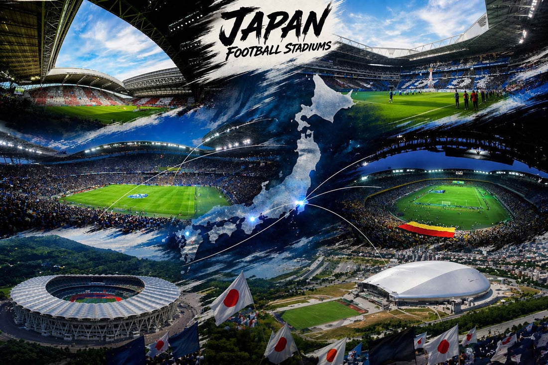 Montage dynamique des plus grands stades de football au Japon, avec vue panoramique du Noevir Stadium Kobe, du Panasonic Stadium Suita, du Saitama Stadium, du Nissan Stadium, de l’Ecopa Stadium et du Sapporo Dome autour d’une carte du Japon.