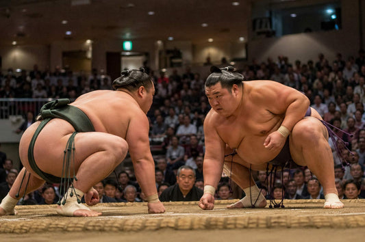 Deux sumos se faisant face dans l'arène de Tokyo