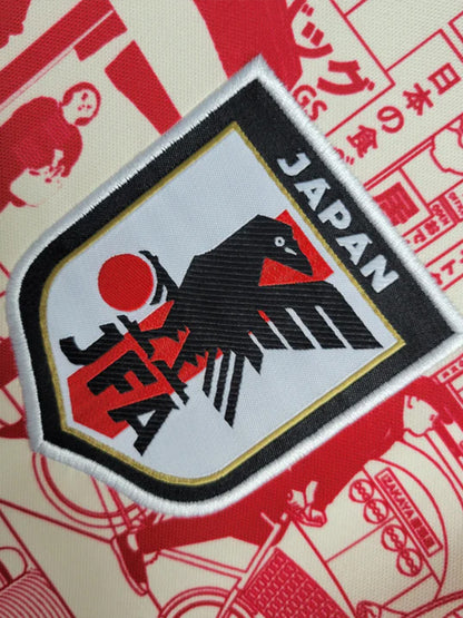 logo du Maillot de football concept beige de l'équipe du Japon version Tokyo avec des motifs rouges de la ville de Tokyo au Japon