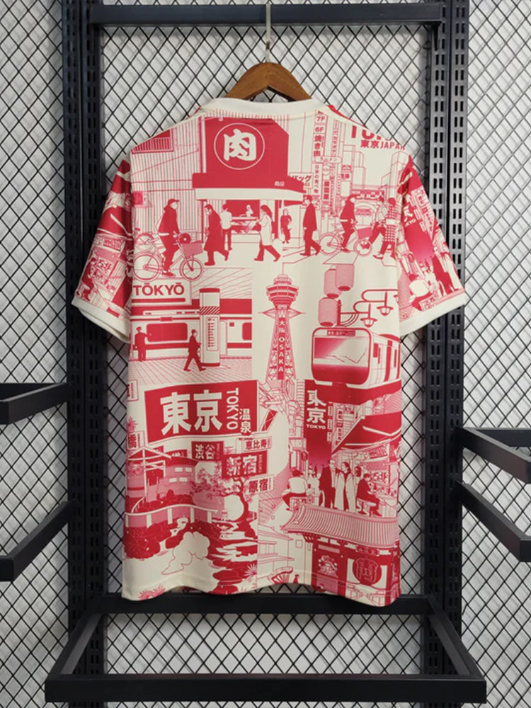 dos du Maillot de football concept beige de l'équipe du Japon version Tokyo avec des motifs rouges de la ville de Tokyo au Japon