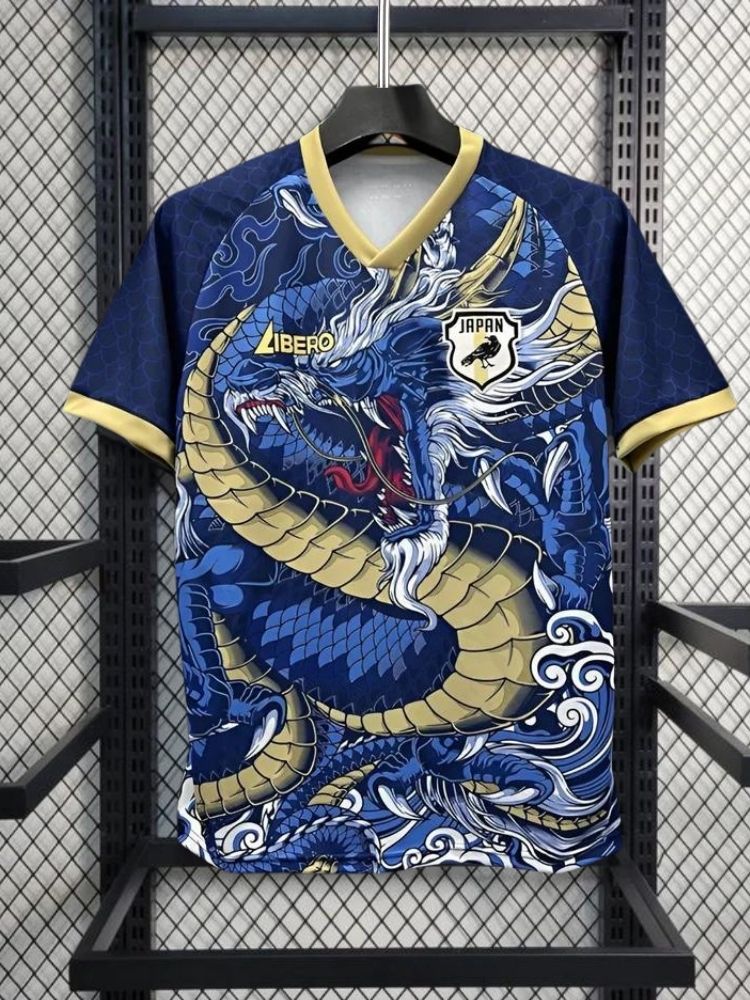 Maillot de football 'Dragon Bleu' du Japon avec dragon et vagues en design bleu et or
