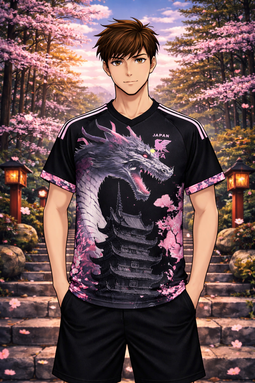 Homme dans le style manga portant un maillot du Japon