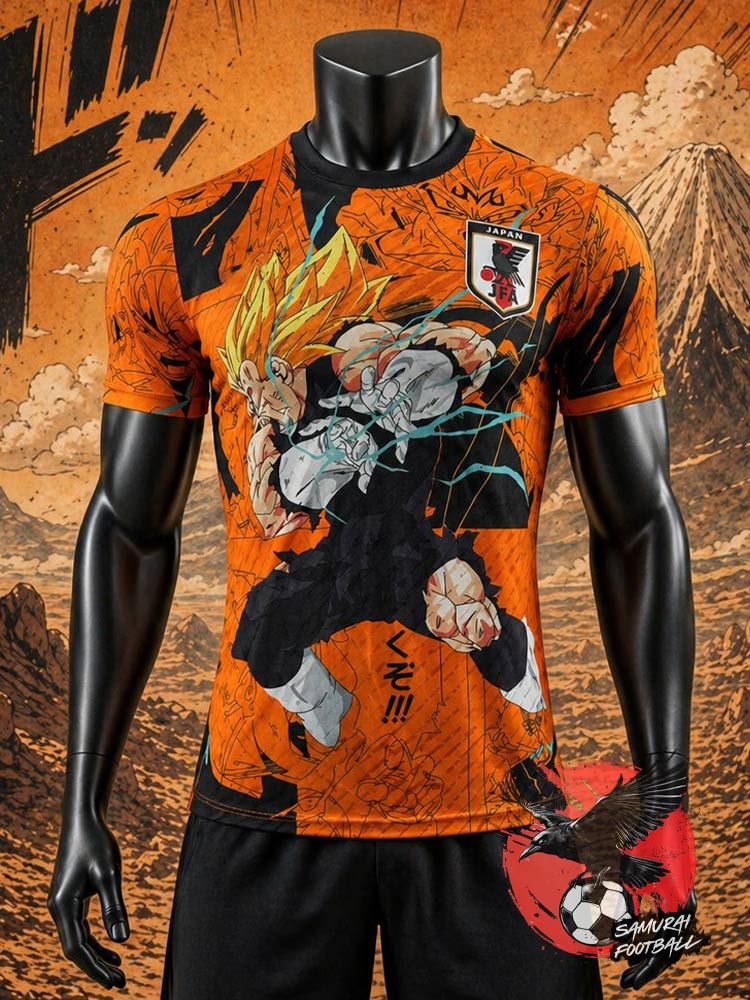 Maillot Dragon Ball Z Vegeta Majin "Garrick Cannon" 2026 orange avec panel manga en arrière-plan.