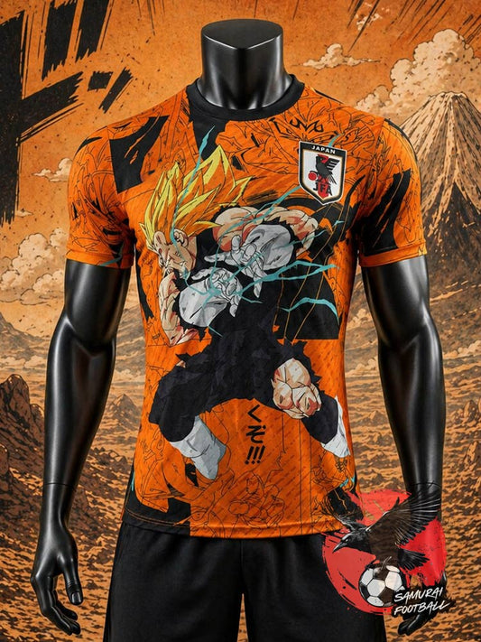 Maillot Dragon Ball Z Vegeta Majin "Garrick Cannon" 2026 orange avec panel manga en arrière-plan.