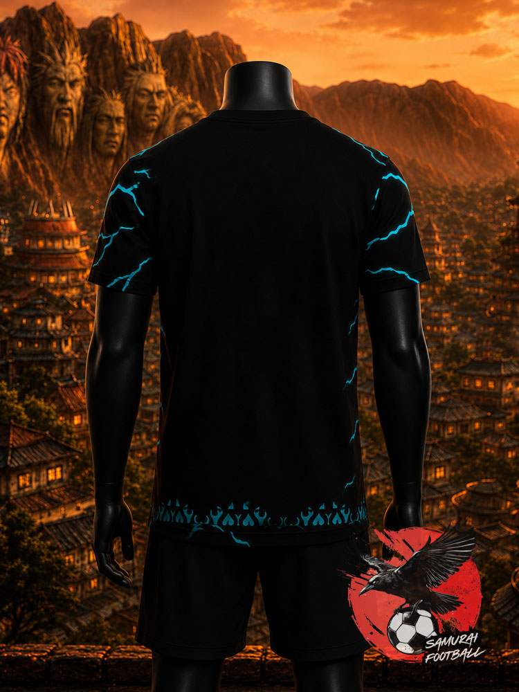 Maillot de Naruto Shippuden noir avec des éclairs bleus en référence à Minato. Vue de dos