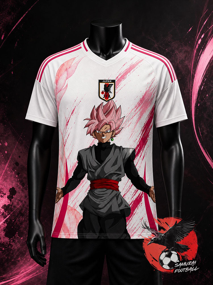 Maillot du Japon 2026 "Black Goku Rosé" blanc et rose porté sur mannequin noir en studio