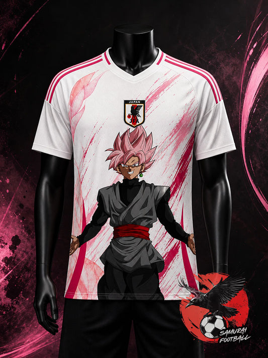 Maillot du Japon 2026 "Black Goku Rosé" blanc et rose porté sur mannequin noir en studio