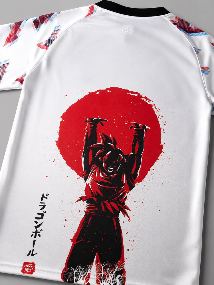 Maillot Japon blanc Dragon Ball avec Goku en forme Ultra Instinct