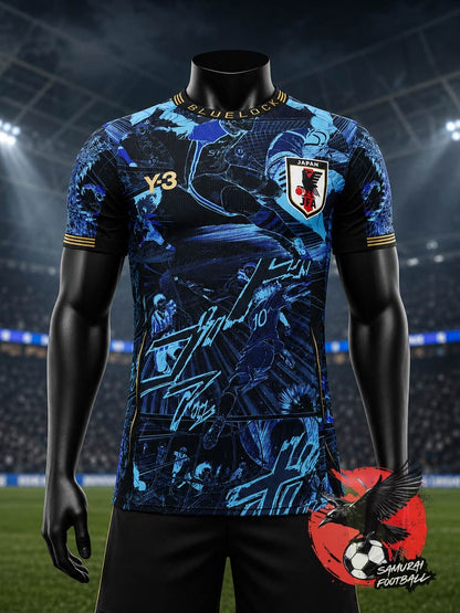 Maillot Japon Blue Lock bleu et or, vue de face avec écusson JFA et logo Y-3 – édition anime