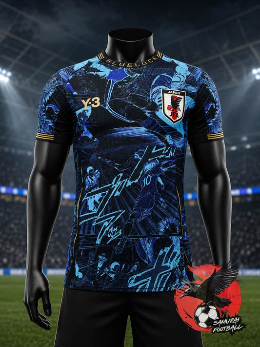 Maillot Japon Blue Lock bleu et or, vue de face avec écusson JFA et logo Y-3 – édition anime