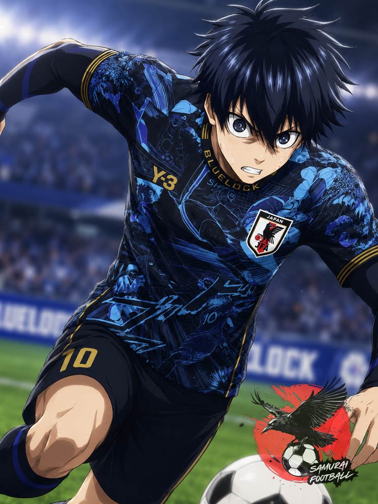 Maillot de foot Japon Blue Lock avec Isagi numéro 10 dribblant – design anime bleu et or