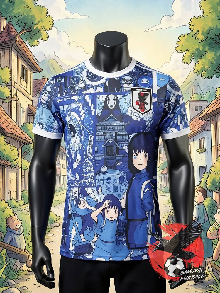 Maillot du Japon Le Voyage de Chihiro face - design bleu avec Chihiro, Sans-Visage et les personnages du film Ghibli