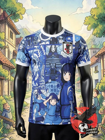 Maillot du Japon Le Voyage de Chihiro face - design bleu avec Chihiro, Sans-Visage et les personnages du film Ghibli