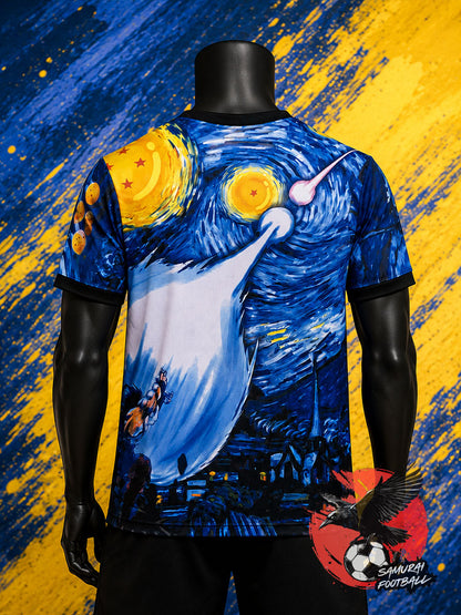 Maillot du Japon bleu Goku vs Vegeta inspiré de La Nuit étoilée par Van Gogh