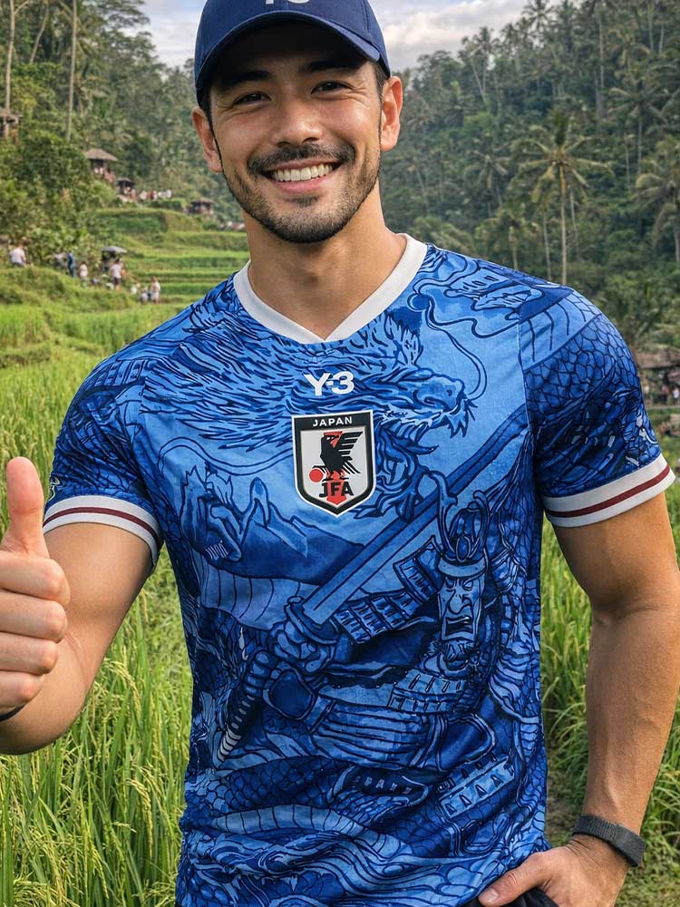 Maillot du Japon bleu avec un samouraï et un dragon porté par un homme