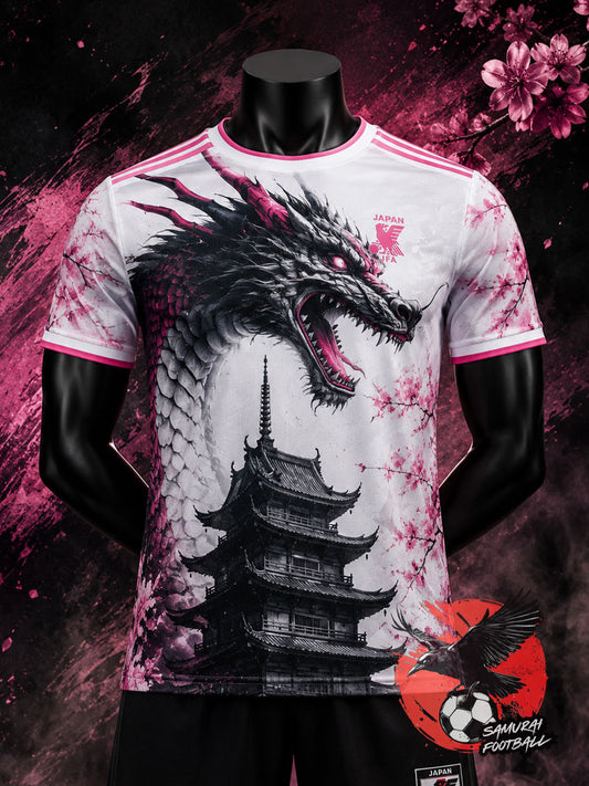 Maillot du Japon blanc avec un dragon noir et rose de face