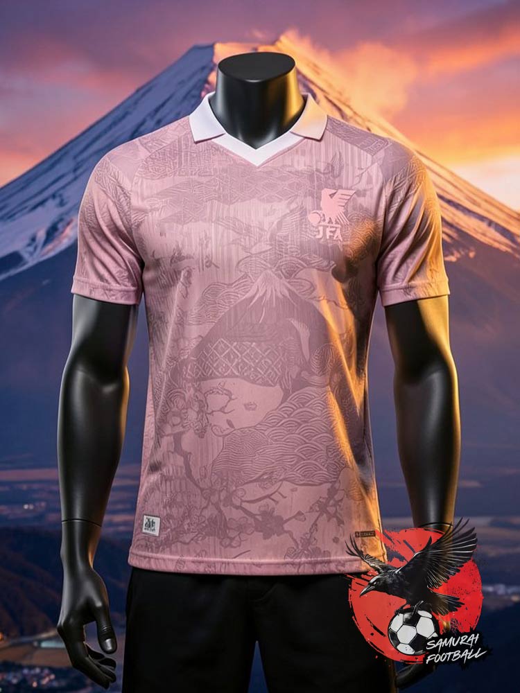 Maillot du Japon Fuji Rose face - maillot rose poudré avec motifs japonais en relief, col en V blanc, blason JFA ton sur ton, Mont Fuji en arrière-plan