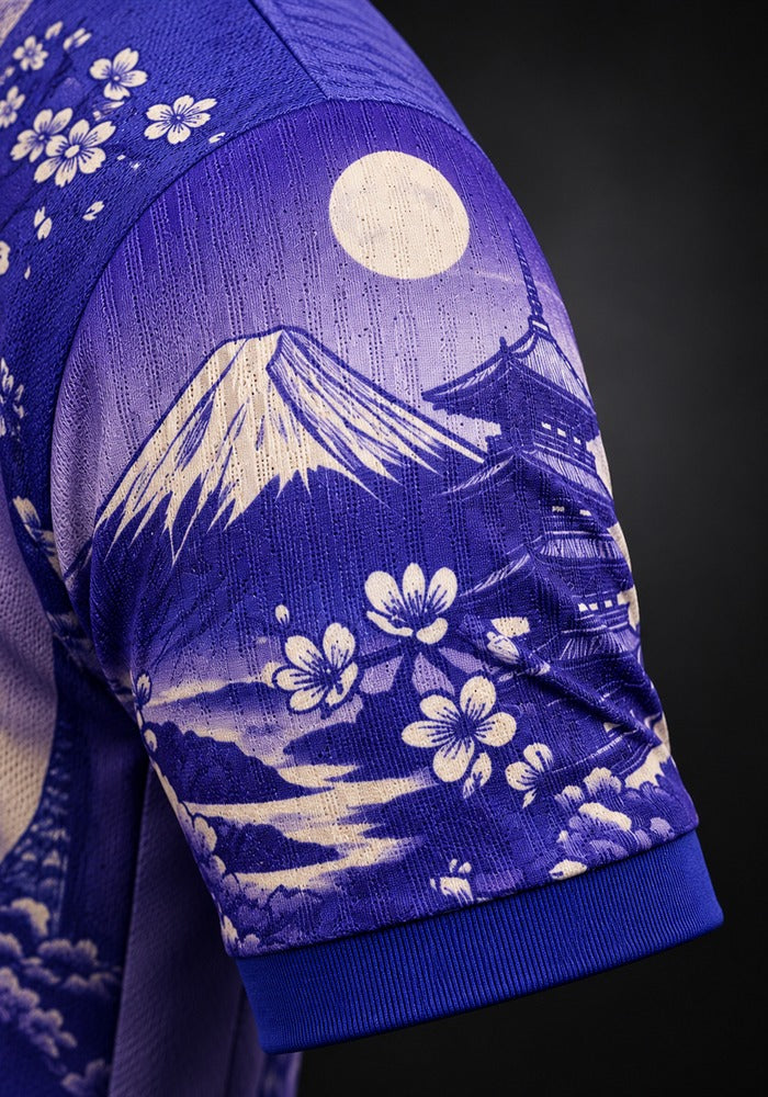 Détail de la manche du maillot du Japon Fujisan : mont Fuji, pleine lune, pagode et fleurs de cerisier sur tissu indigo, bord côte bleu
