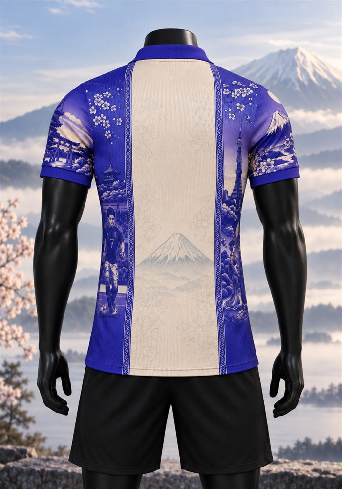 Maillot du Japon Fujisan vu de dos sur mannequin noir, bande crème centrale avec le mont Fuji, cerisiers en fleurs et fond de montagne claire
