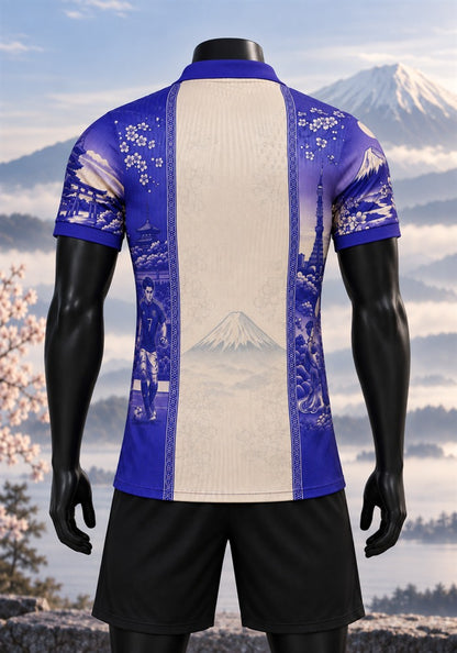 Maillot du Japon Fujisan vu de dos sur mannequin noir, bande crème centrale avec le mont Fuji, cerisiers en fleurs et fond de montagne claire