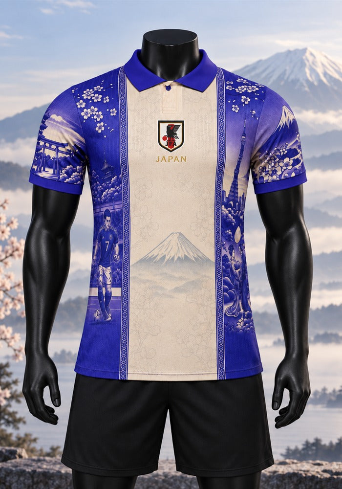 Maillot du Japon Fujisan vu de face sur mannequin noir, bande crème centrale avec le mont Fuji, flancs indigo façon estampe japonaise et fond de montagne enneigée