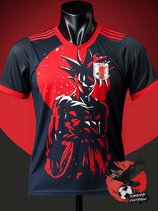 Maillot noir Japon Dragon Ball avec Goku en design central, style graphique rouge et blanc sur fond noir.