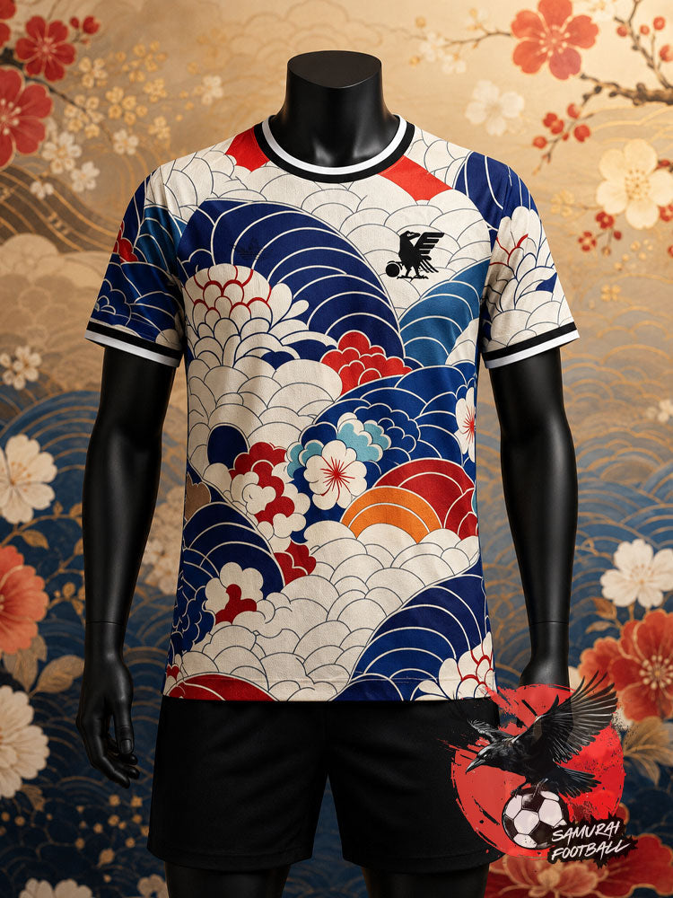 Maillot de football Japon Hana, motif traditionnel vagues et sakura, vue de face