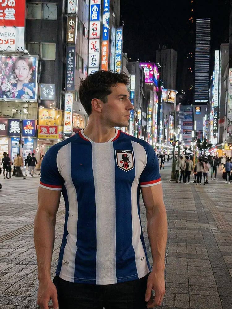 Maillot du Japon Hokori porté par un homme dans une rue de Shinjuku la nuit, néons japonais en arrière-plan