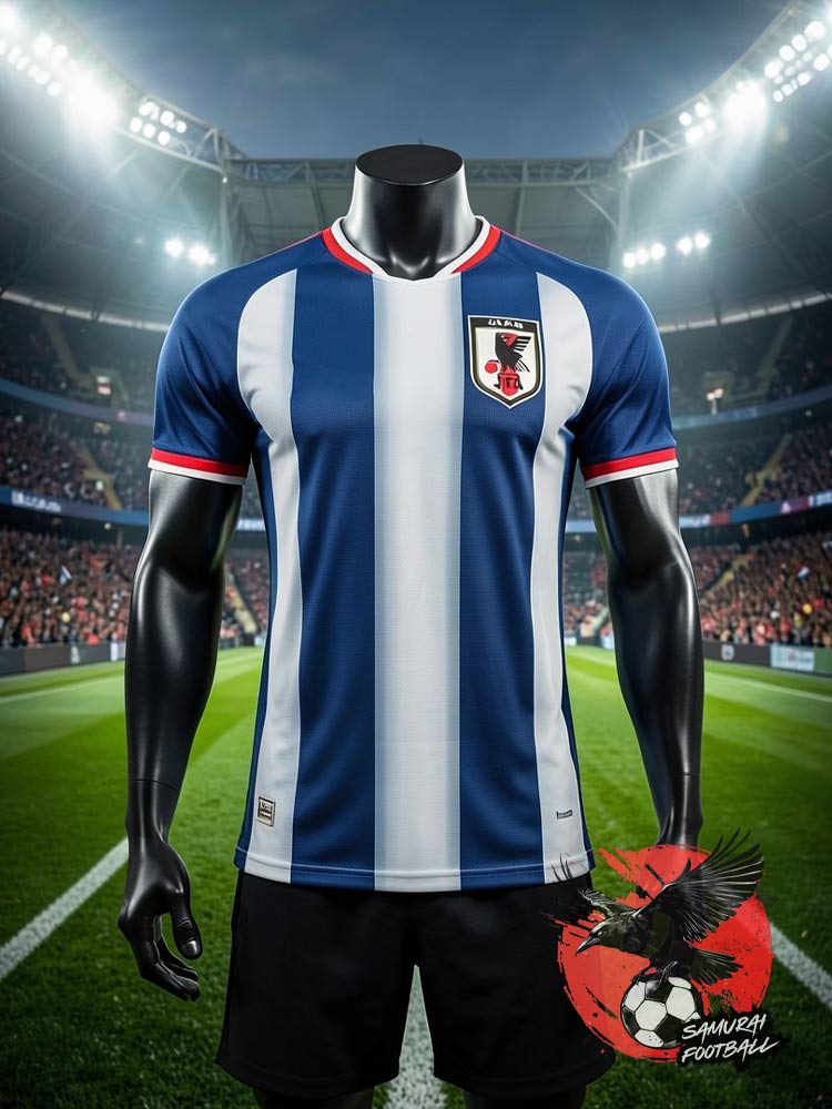 Maillot du Japon Hokori face - grandes bandes verticales bleu marine et blanc avec liseré rouge sur col et manches, blason JFA au centre, fond stade