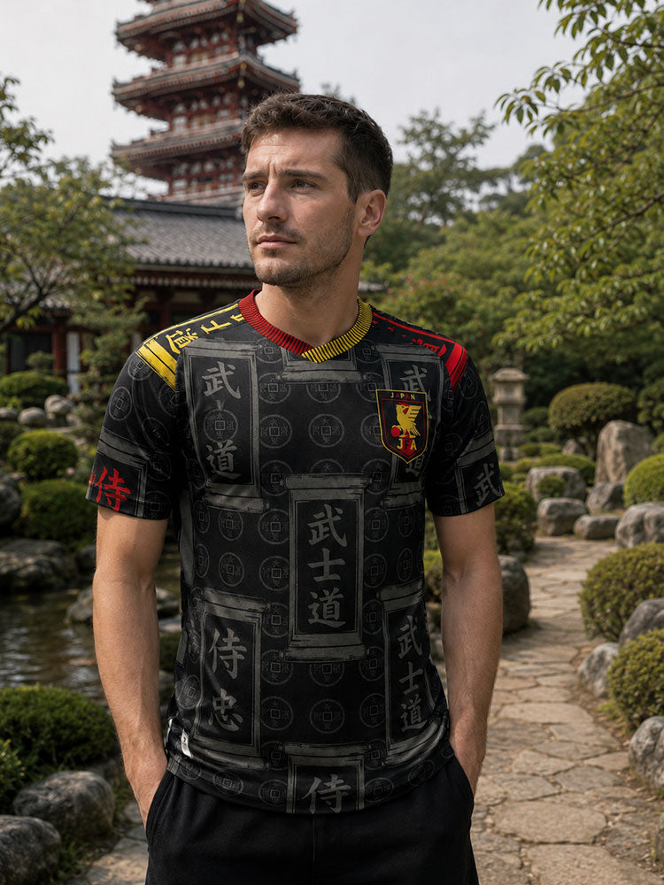 Homme portant le maillot Japon noir kanji Bushido dans un jardin japonais avec pagode