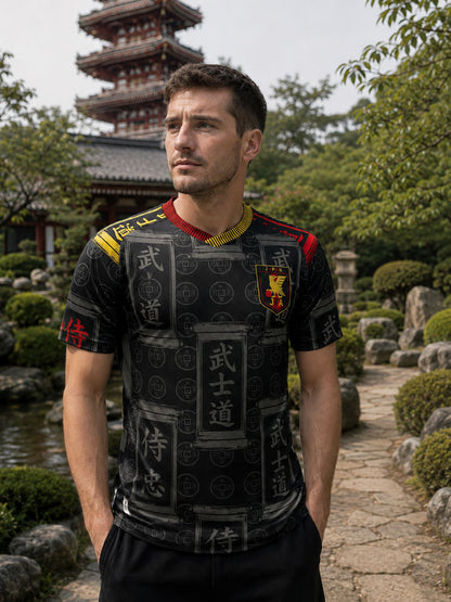 Homme portant le maillot Japon noir kanji Bushido dans un jardin japonais avec pagode