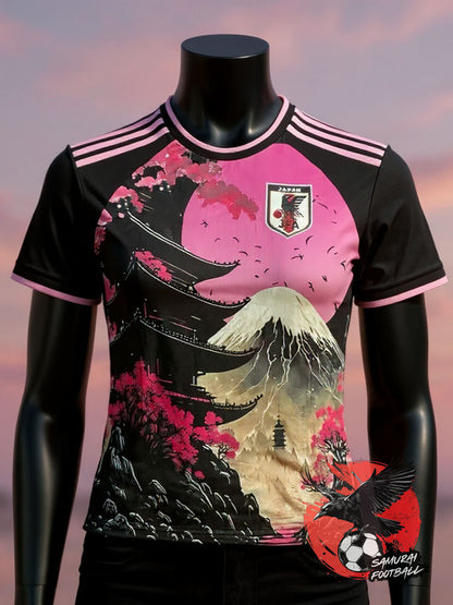 maillot du Japon Kyoto rose et noir avec motif du mont Fuji, pagodes et cerisiers en fleurs.