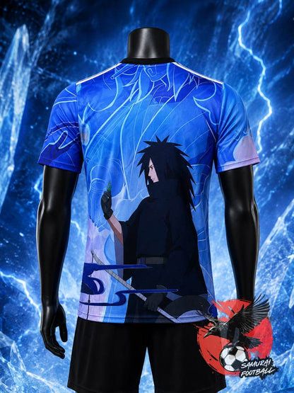 Maillot de football Japon Madara Uchiha bleu, vue de dos – collection Naruto Samurai Football
