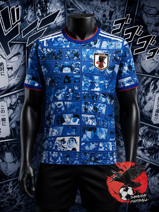 Maillot de foot Japon mosaïque manga bleu, vue de face avec écusson JFA sur fond planches