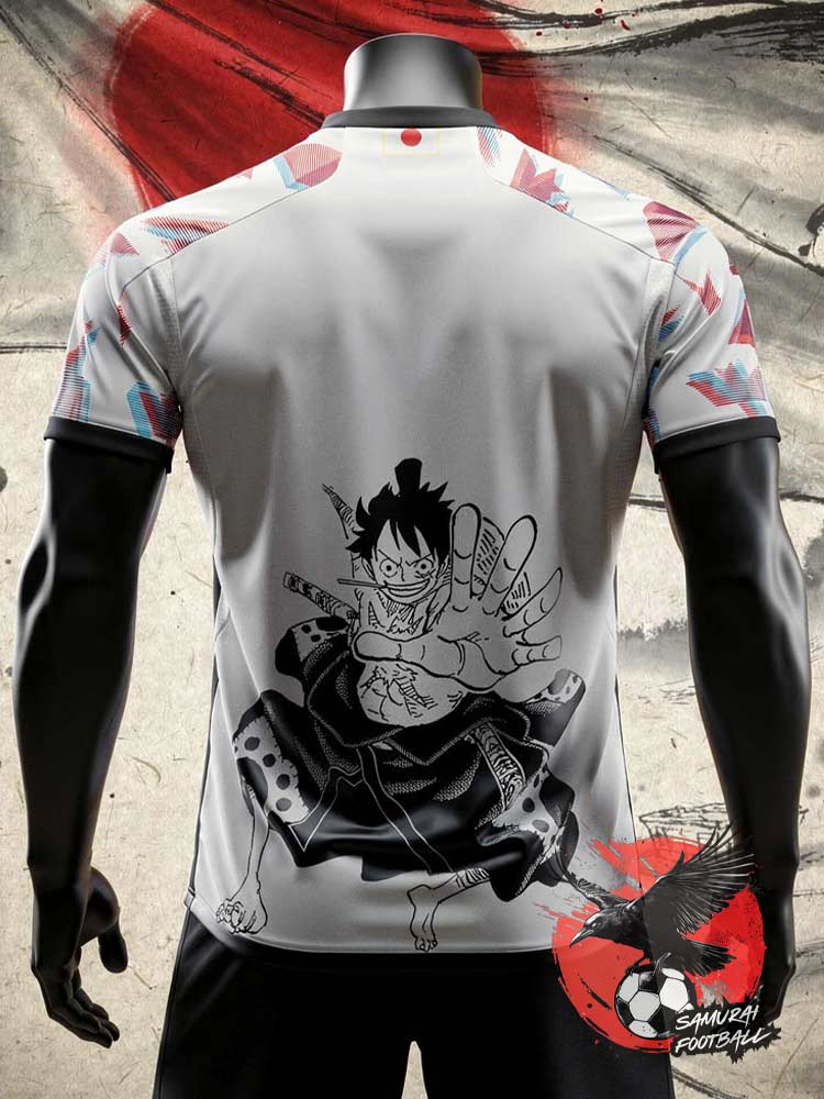 Maillot Japon Monkey Luffy dos blanc 2026 illustration manga samouraï style JFA