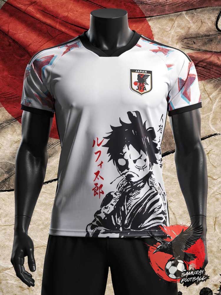 Maillot Japon Monkey Luffy face blanc 2026 design manga artistique écusson JFA