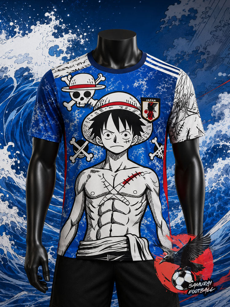 Maillot de foot Japon Luffy bleu, lineart manga et vague de Kanagawa, vue de face – One Piece