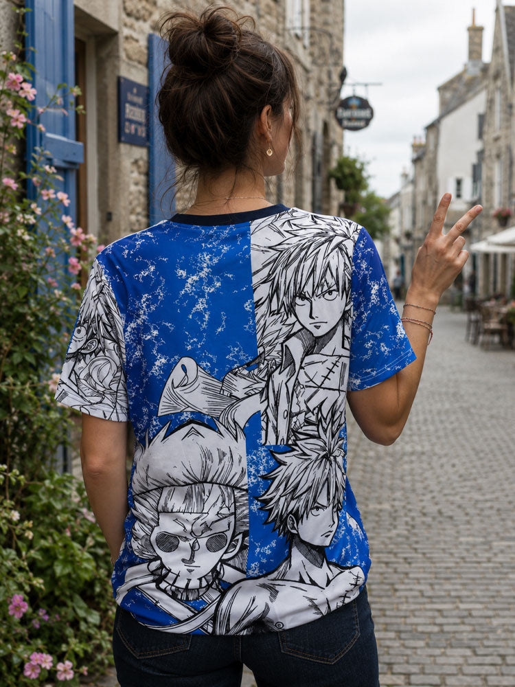 Dos du maillot Japon Luffy bleu One Piece porté par une femme, illustration manga