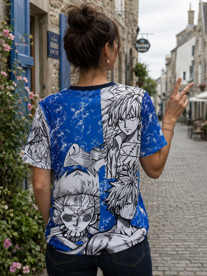 Dos du maillot Japon Luffy bleu One Piece porté par une femme, illustration manga