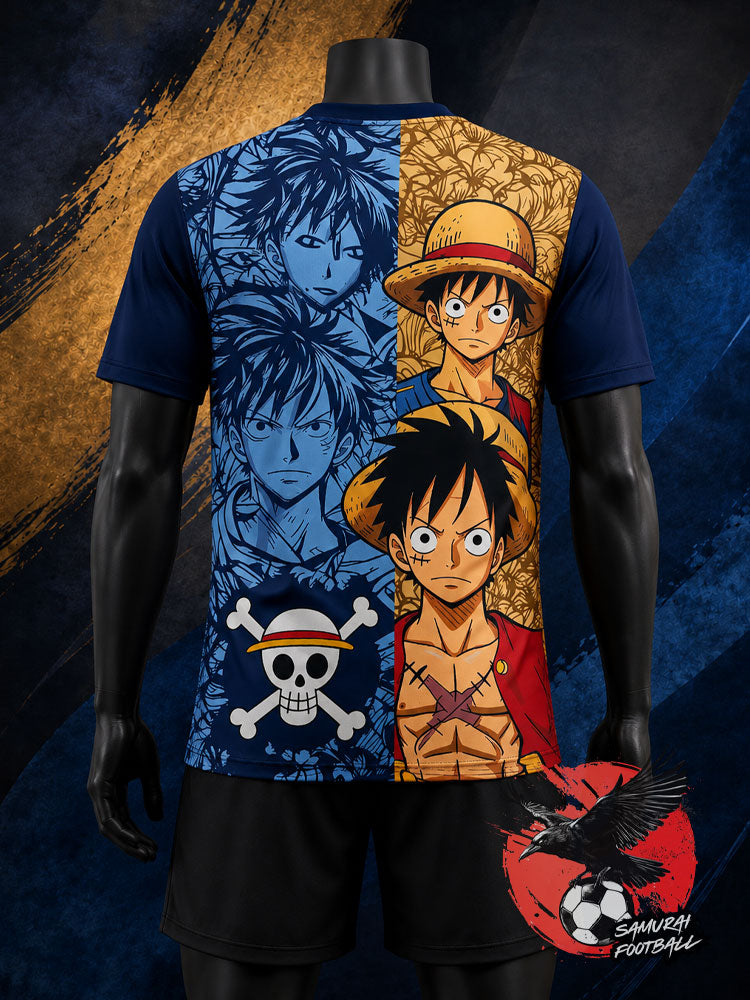 Maillot Japon Luffy fan art bleu et or, vue de dos – personnages One Piece