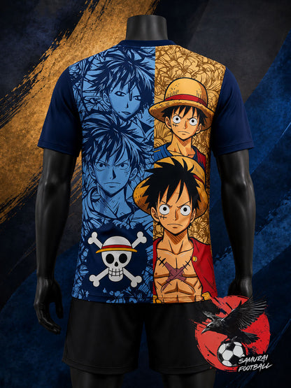 Maillot Japon Luffy fan art bleu et or, vue de dos – personnages One Piece