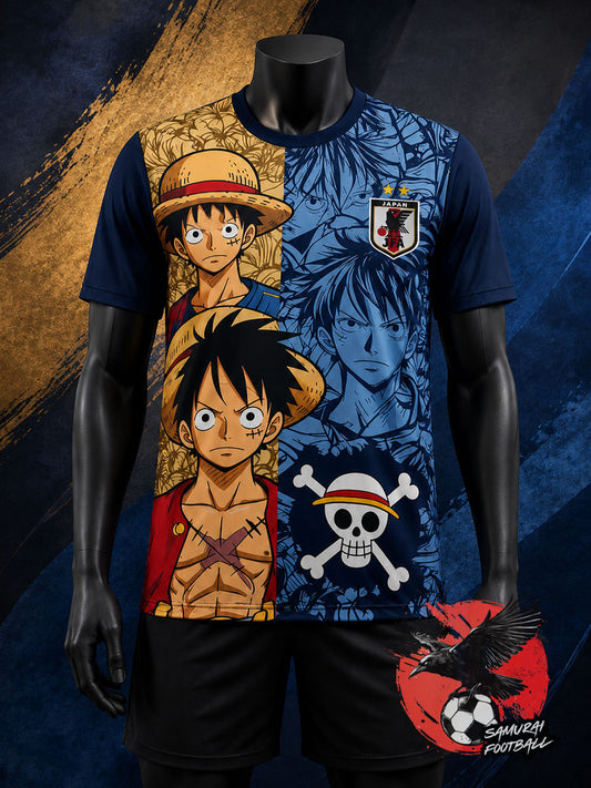 Maillot de foot Japon Luffy fan art bleu et or, vue de face avec écusson JFA – One Piece