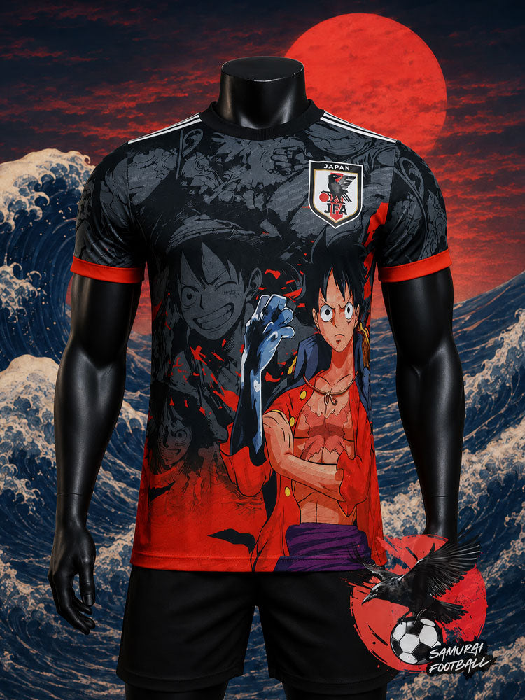 Maillot de foot Japon Luffy noir et rouge, vue de face avec écusson JFA – One Piece