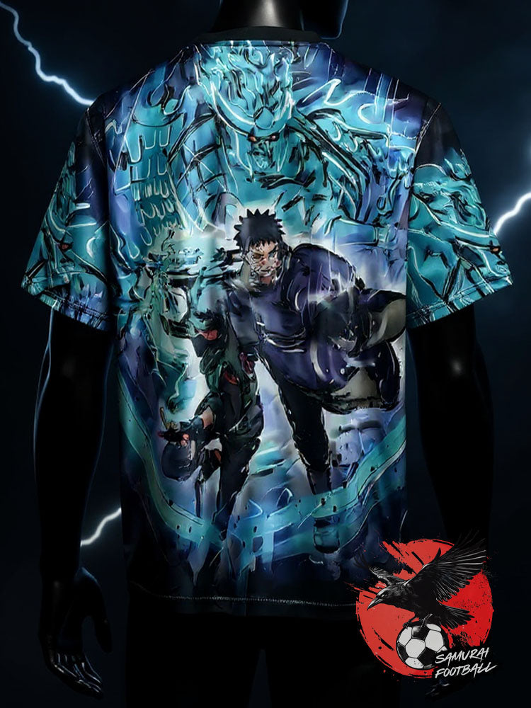 maillot du Japon Obito Kakashi bleu avec design Susanoo et foudre.